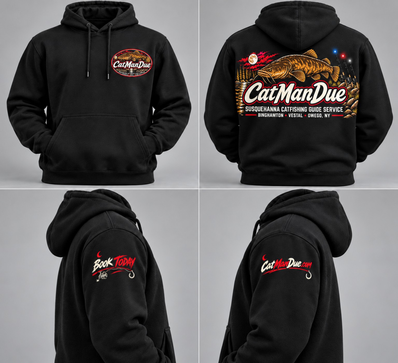 Black CatManDue River Monster heavyweight hoodie shown from the front, back, and sleeves